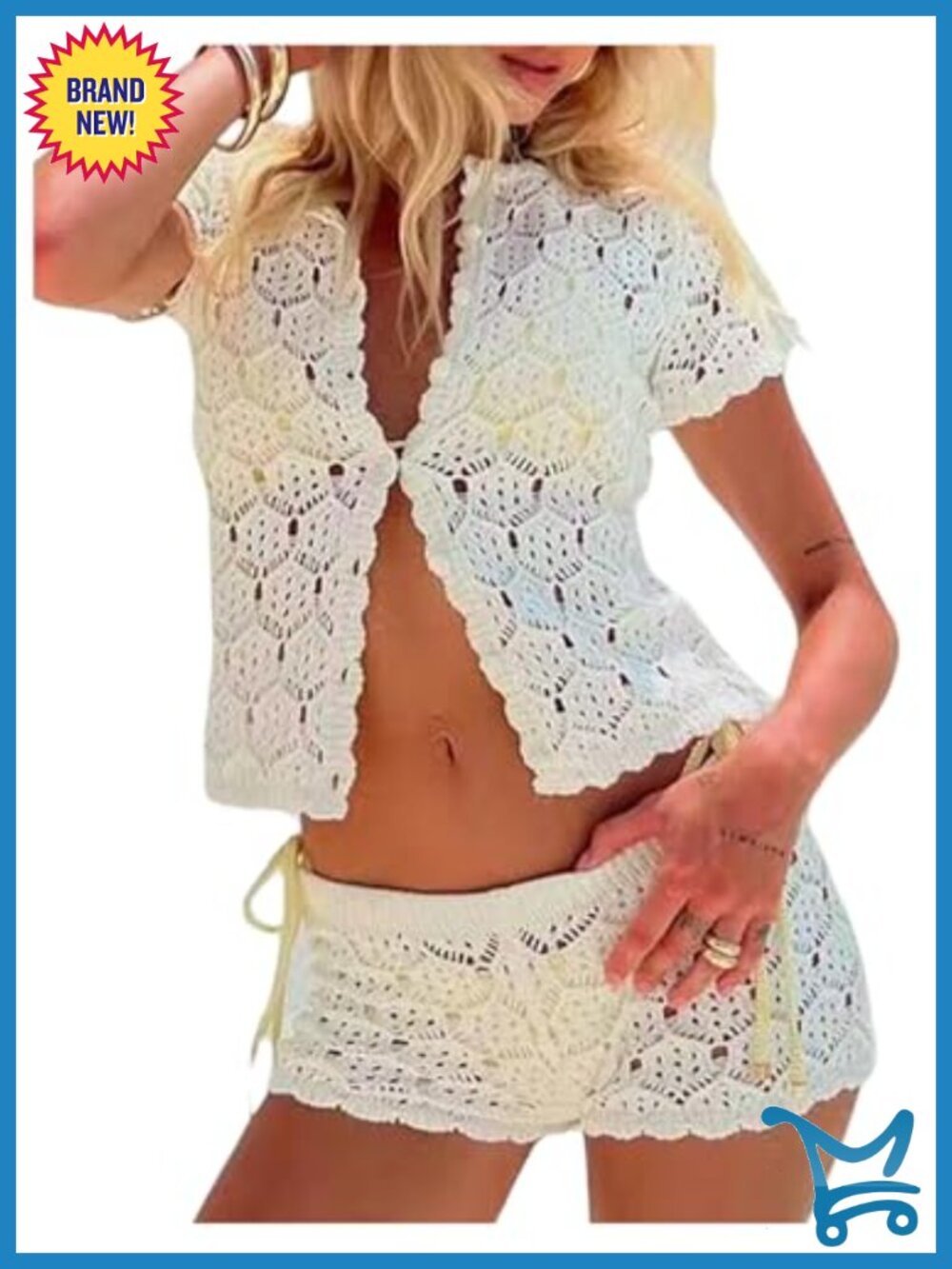 Women's Crochet Short Sleeve Button Down Cardigan and Shorts Vacation Outfits